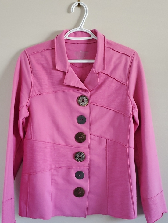 neon buddha Tops - Neon Budha Pink Patched Large Button-Front Cotton Blazer Sz S Quirky Boho Artsy